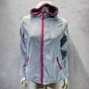 Lands' End Girls' Fleece Zip-Up Jacket XL (16+) Grey with Pink Accents Cozy